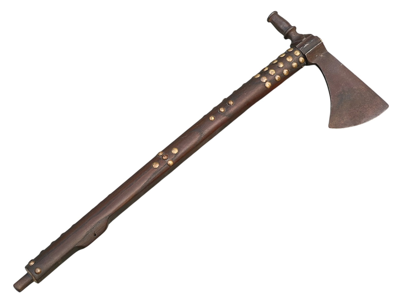 TOMAHAWK TRADE PIPE with BRASS TRADE TACKS: Brass trade tacked wooden handle with mouthpiece, iron ax head/pipe. 17 1/2 inches.