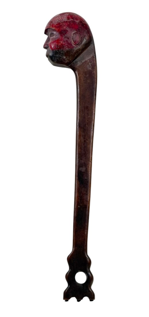 IROQUOIS EFFIGY WAR CLUB: Iroquois war club with a carved & painted human head with scarification. 26 inches.