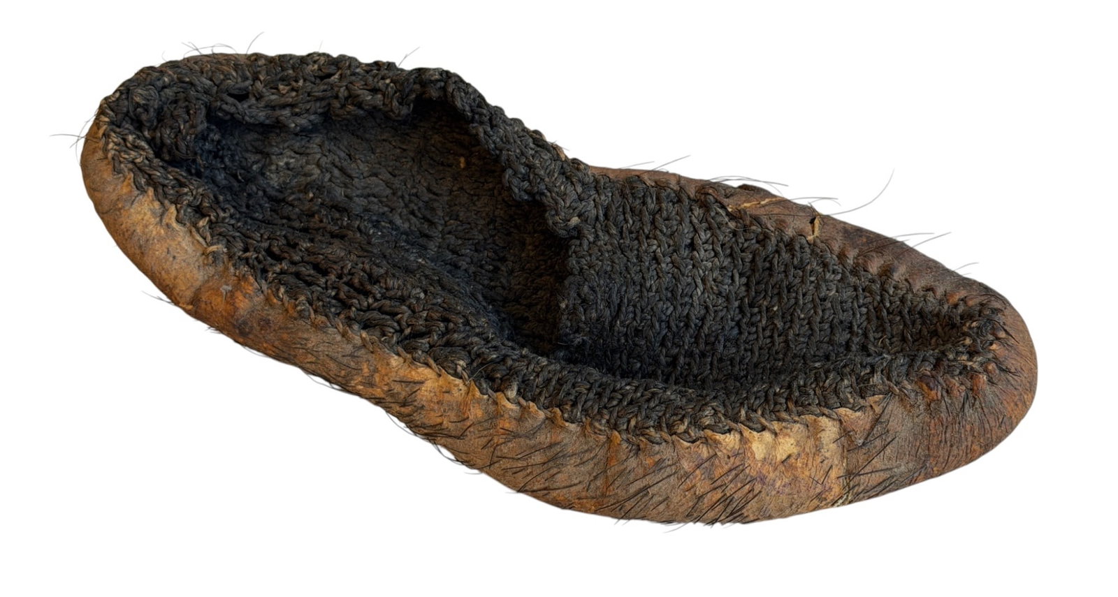 NATIVE AMERICAN LEATHER & NATURAL FIBER MOCCASIN: (18th/19th c), cured leather sole with hair remnants, woven natural fiber upper. Nice age.