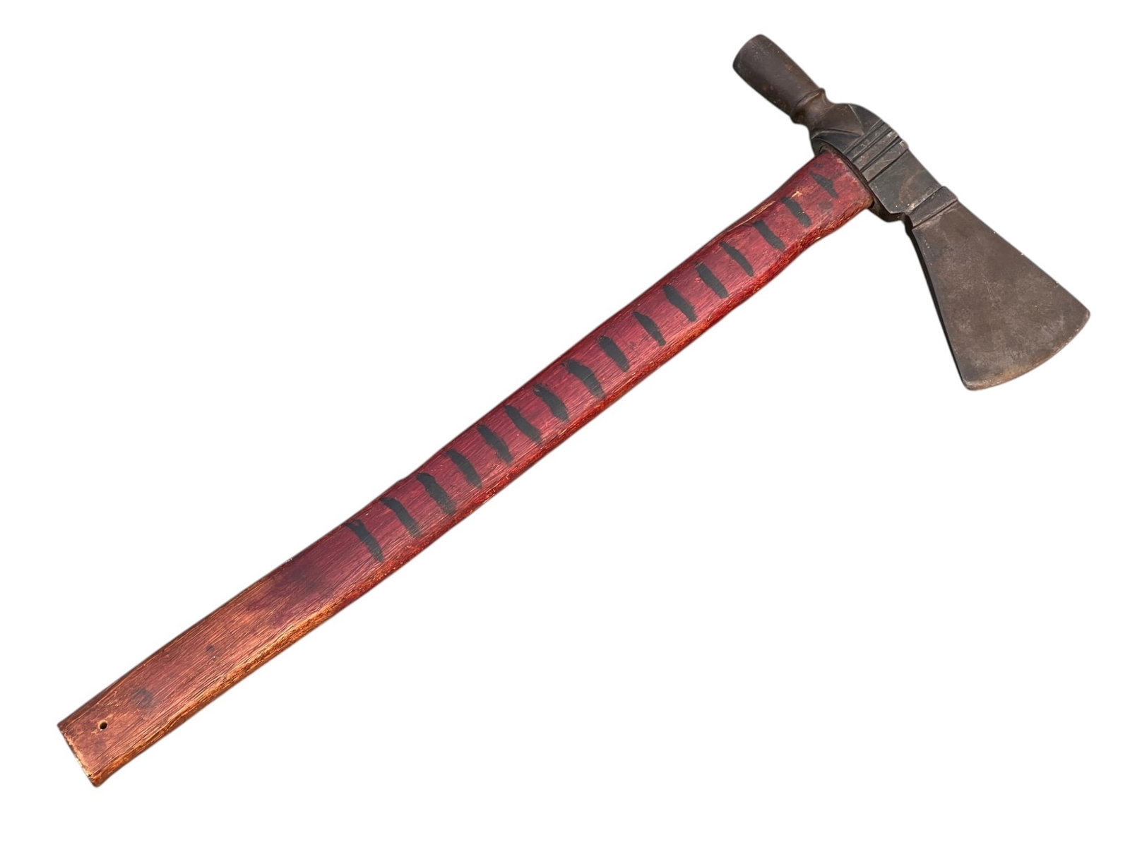 (19th c) TOMAHAWK TRADE PIPE with PAINTED HANDLE: Cast iron ax head/pipe, red painted wooden handle with black stripes. Handle not drilled through for pipe stem. 16 inches.