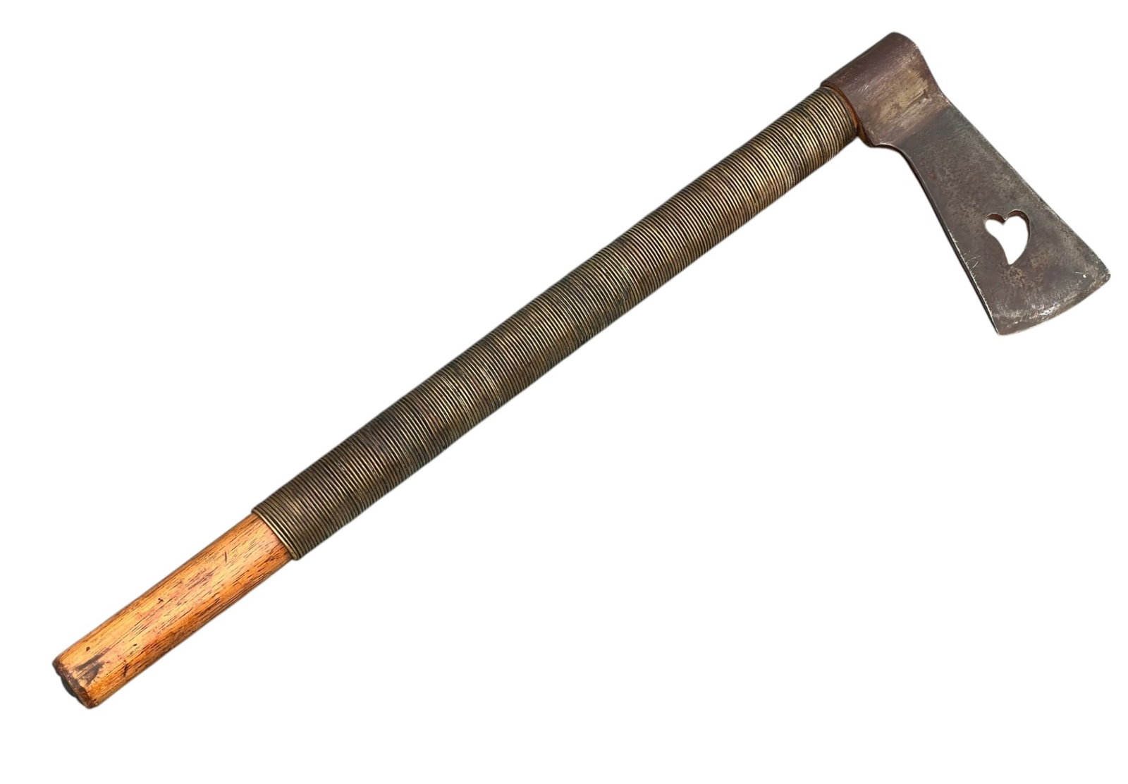 NATIVE AMERICAN TOMAHAWK with PIERCED HEART: Brass wire wrapped wooden handle with pierced heart ax head marked "R". 15 3/4 inches.