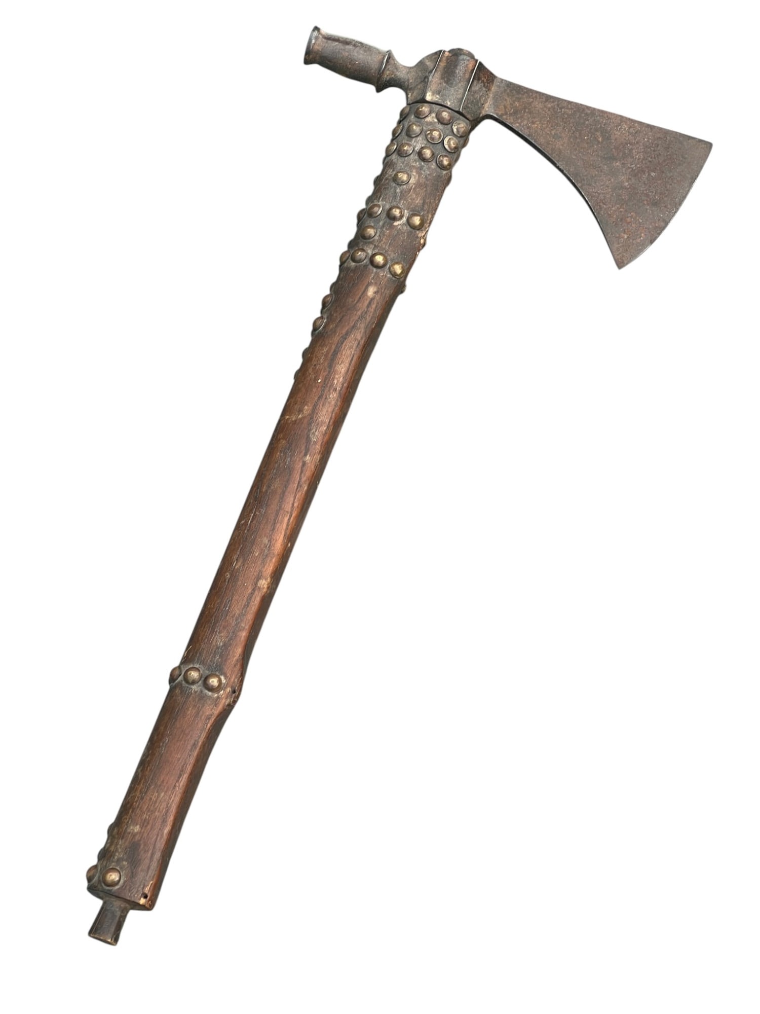 TOMAHAWK TRADE PIPE with BRASS TRADE TACKS: Shaped wooden handle with brass trade tack decoration, iron ax head/pipe bowl. 15 1/2 inches.