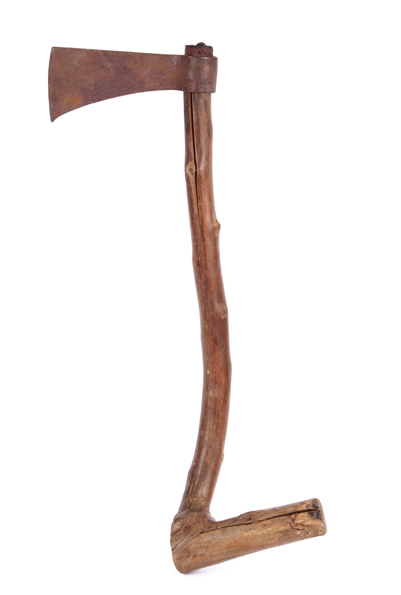 NATIVE AMERICAN TOMAHAWK with GEO. WASHINGTON COIN: Natural root/branch handle with angled grip (possibly used for hewing) with an iron "1789 1st President U.S.A. 1797 George Washington" coin/medal. 18 inches.