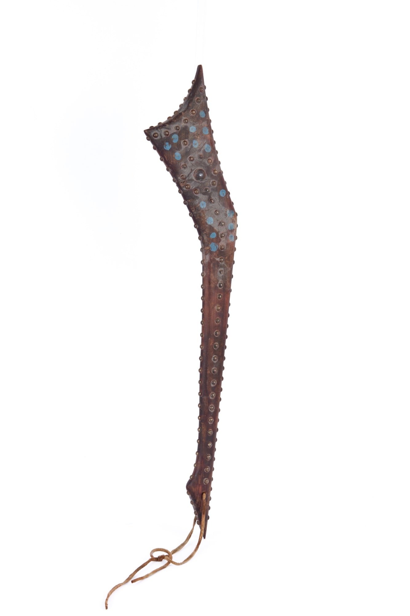 NATIVE AMERICAN GUNSTOCK WAR CLUB: Wooden gunstock form war club with brass trade tack & paint decoration. 25 1/2 inches.