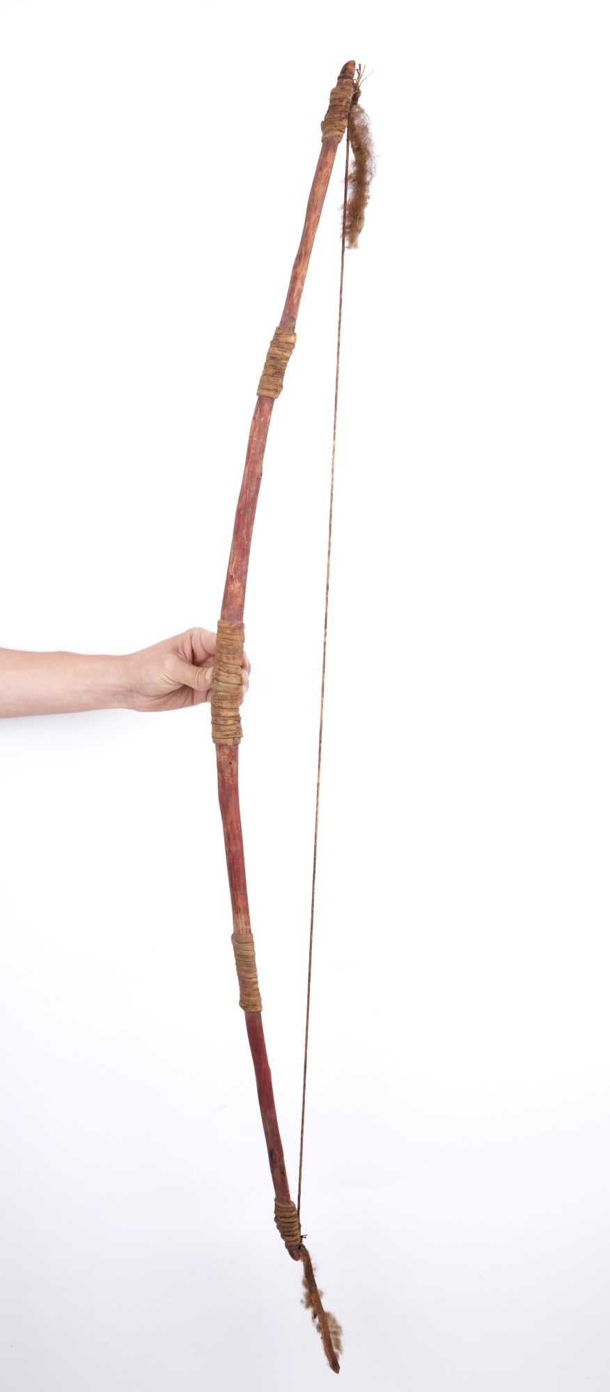 PLAINS INDIANS LONGBOW in RED WASH: Plains Indians wooden longbow in redwash with buckskin, sinew, and buffalo hide. 48 1/2 inches.