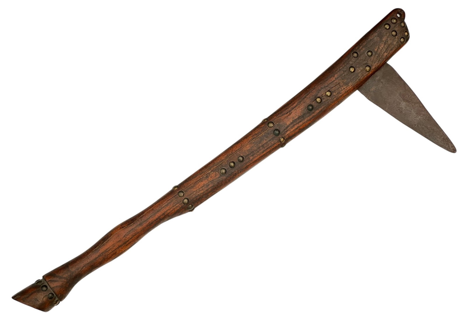 FIGURAL CARVED NATIVE AMERICAN HORSE LEG WAR CLUB: Native American war club with brass tacked hardwood handle with handle carved into a horse leg, embedded steel blade. 23 1/2 inches.