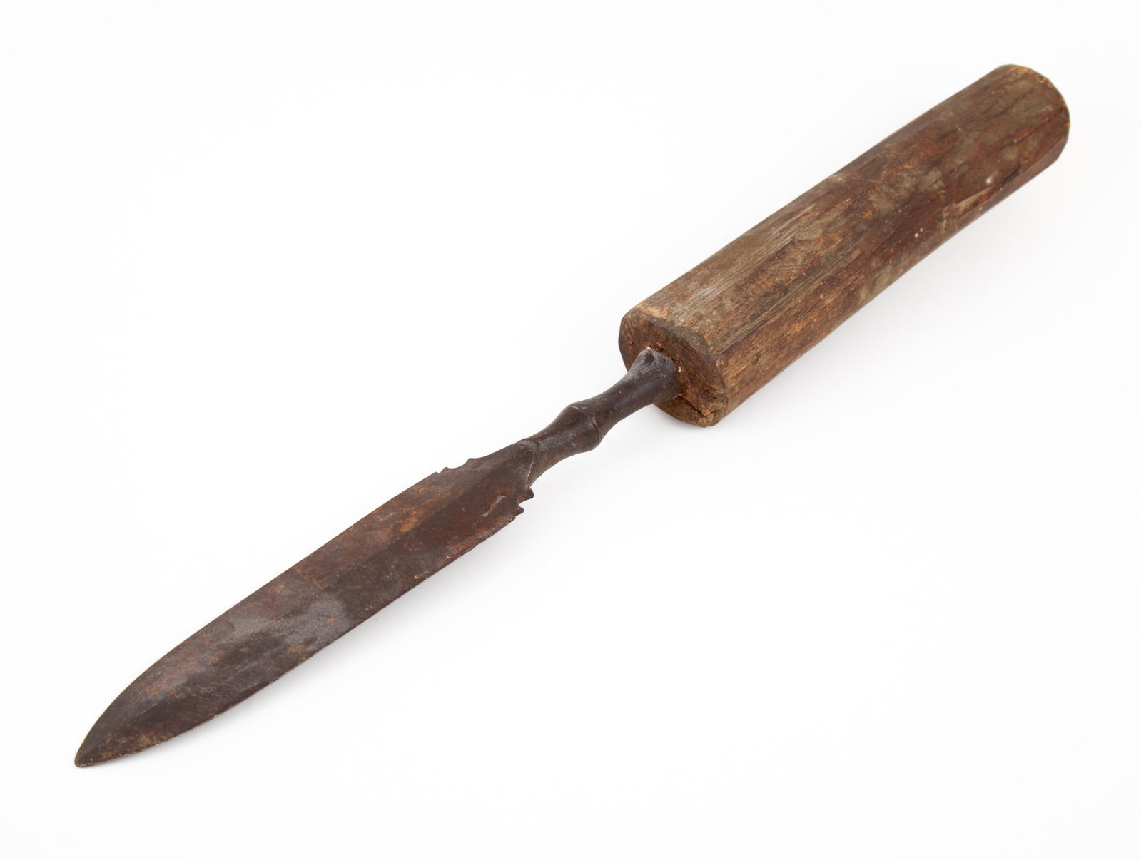 NATIVE AMERICAN TRADE KNIFE: Iron blade crudely embedded in a wooden handle. 14 inches.