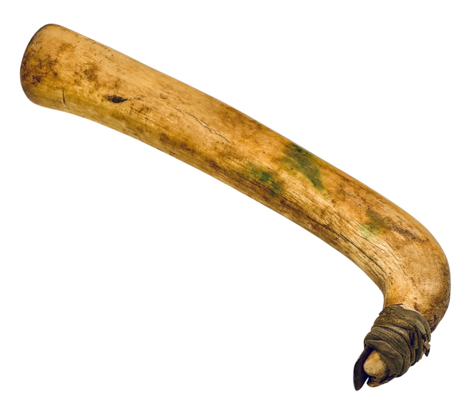 LARGE NATIVE AMERICAN HIDE SCRAPING TOOL: Curved handle with steel blade used for preparing animal hides. 14 inches.