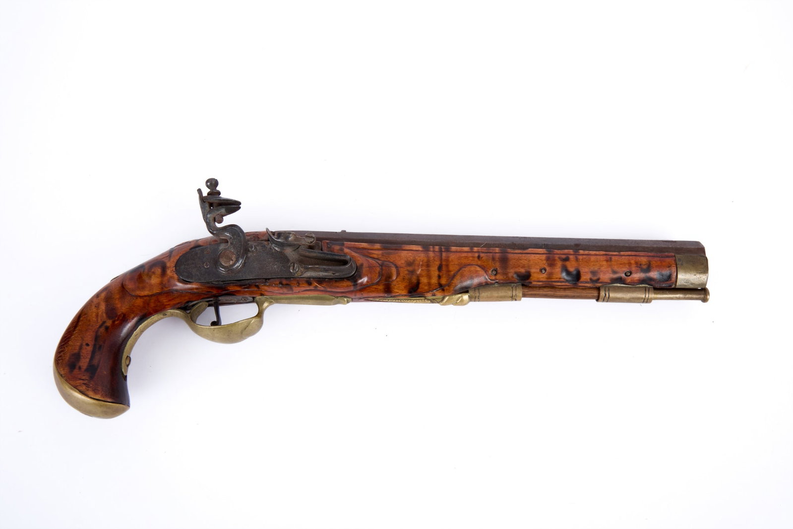 (19th c) CURLY MAPLE FLINTLOCK TRADE PISTOL: Curly maple with brass & steel mounts. 14 1/2 inches; 10 inch barrel.