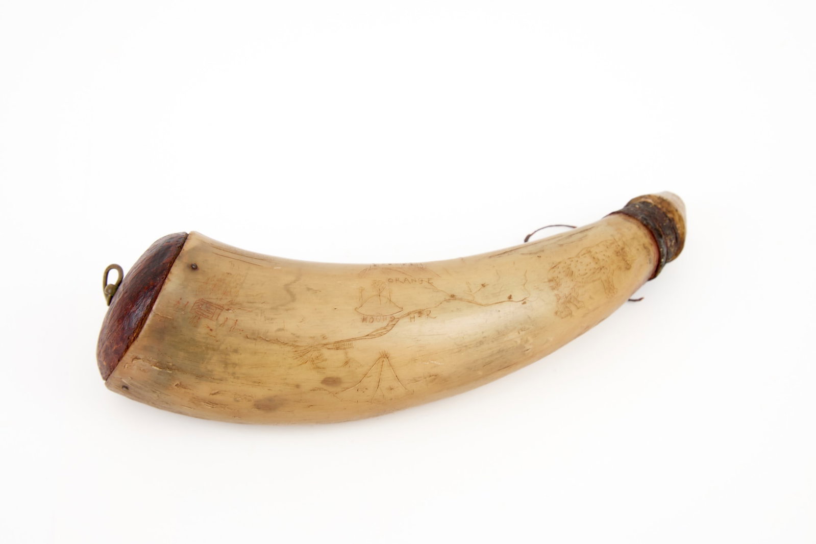 ENGRAVED FORT ORANGE FOLK ART POWDER HORN: (18th/19th c) powder horn with pictorial engravings including Fort Orange (NY), an Indian warrior, teepee, village, encampment, palm tree, sun, mound, arrowhead, spotted feline, peace pipe, signed "AB