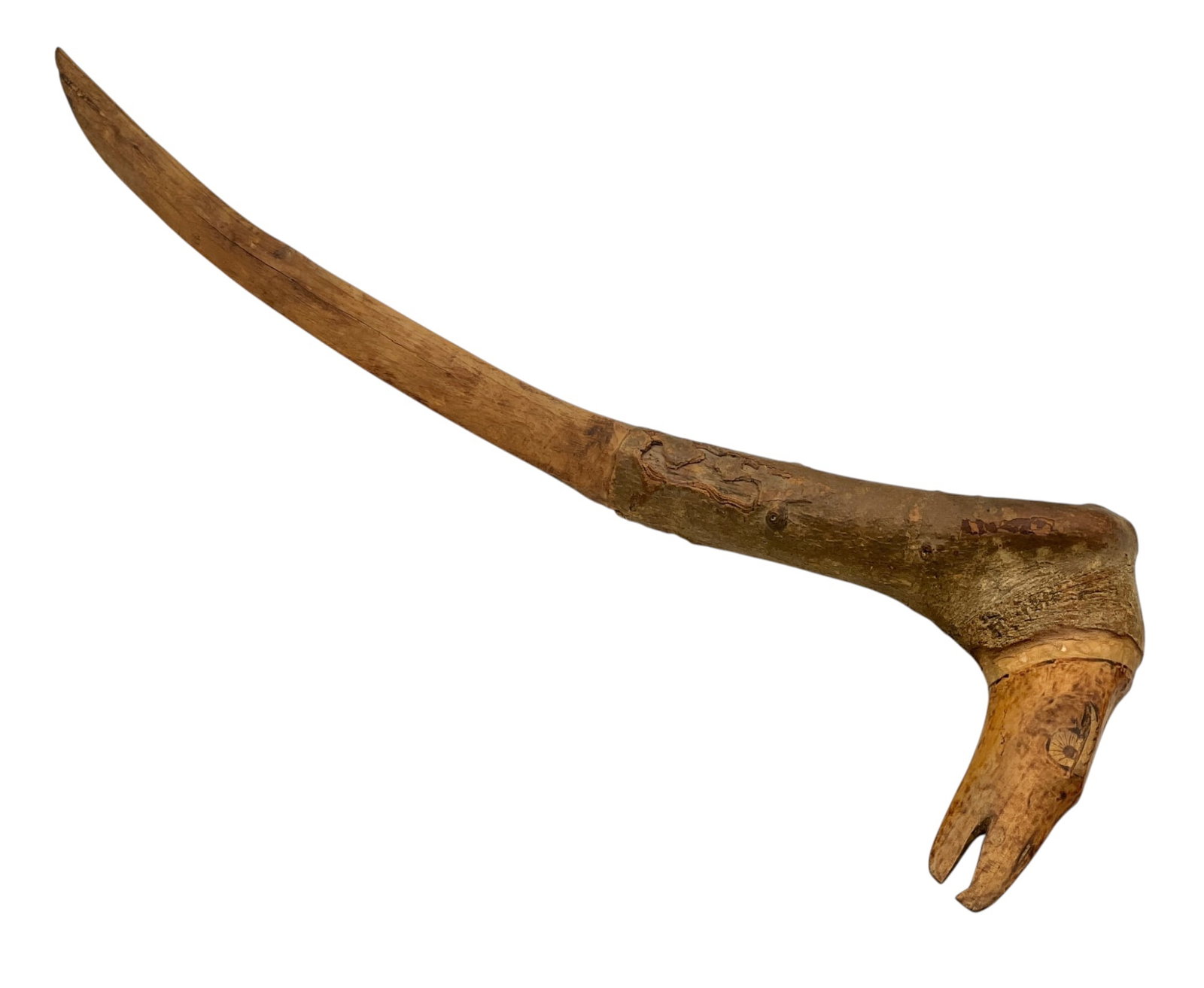 FIGURAL NATIVE AMERICAN CARVED BRANCH CUTLASS: Branch carved into a cutlass with figural eagle head handle. 18 inches.