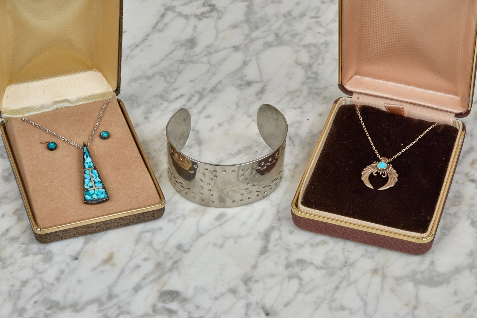 (2) STERLING SILVER & TURQUOISE DROPS: On chain with (1) pair of sterling & turquoise earrings together with sterling silver bracelet. Bracelet 1.23 ozt.