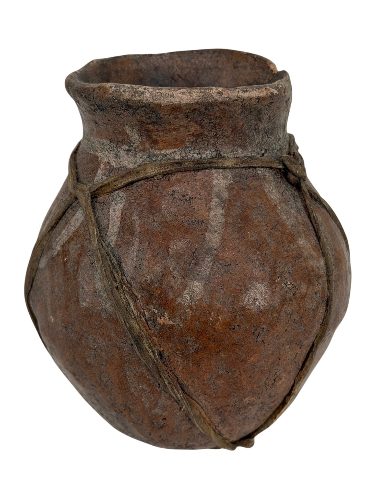 TARAHUMARA PAINTED EARTHENWARE WATER VESSEL: Tarahumara earthenware water vessel bound in rawhide with stylized floral paint decoration. 5 inches.