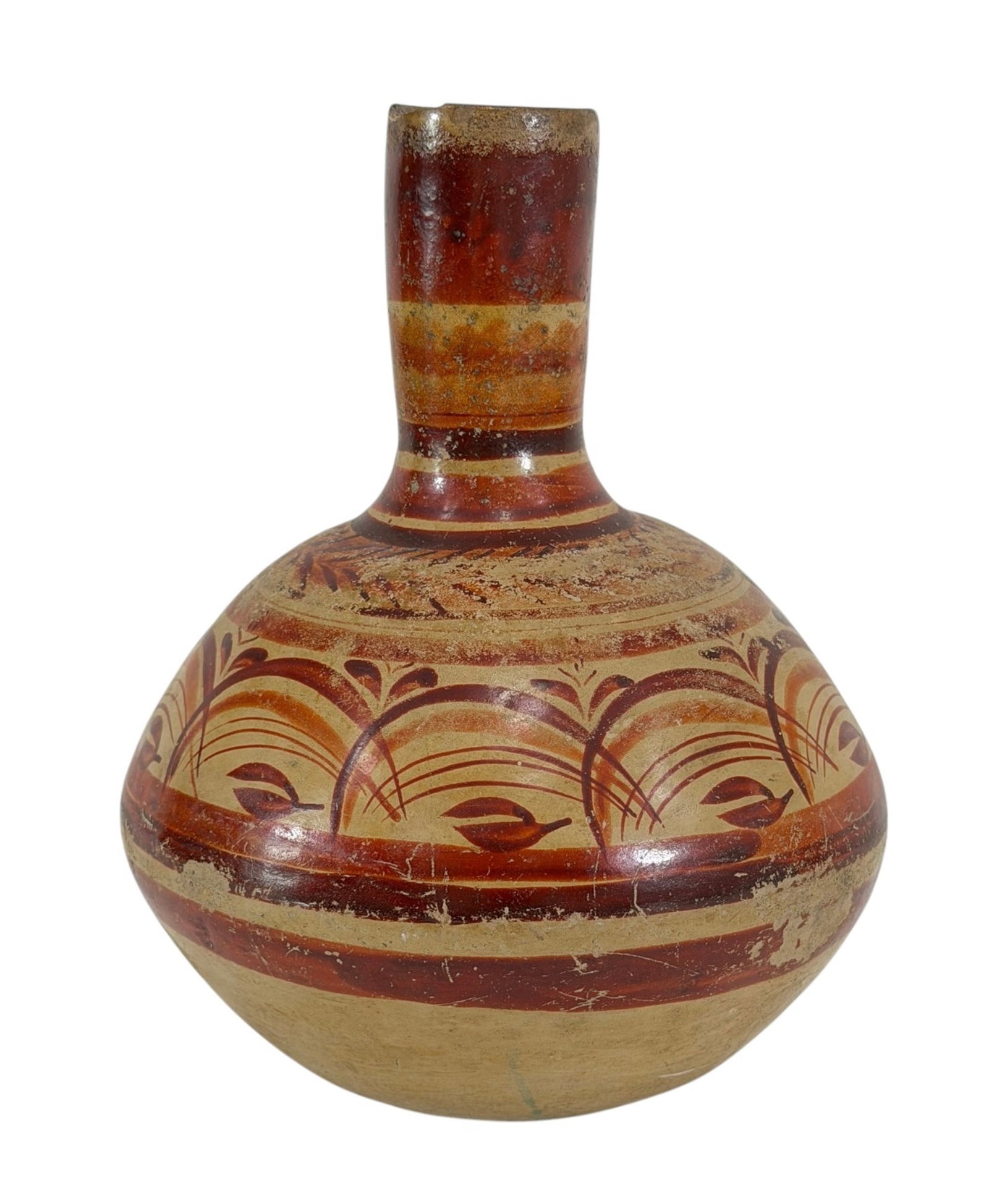 TONALA PAINTED EARTHENWARE WATER VESSEL: Tonala earthenware water vessel paint decorated with stylized flora in red & orange. 8 3/4 inches.