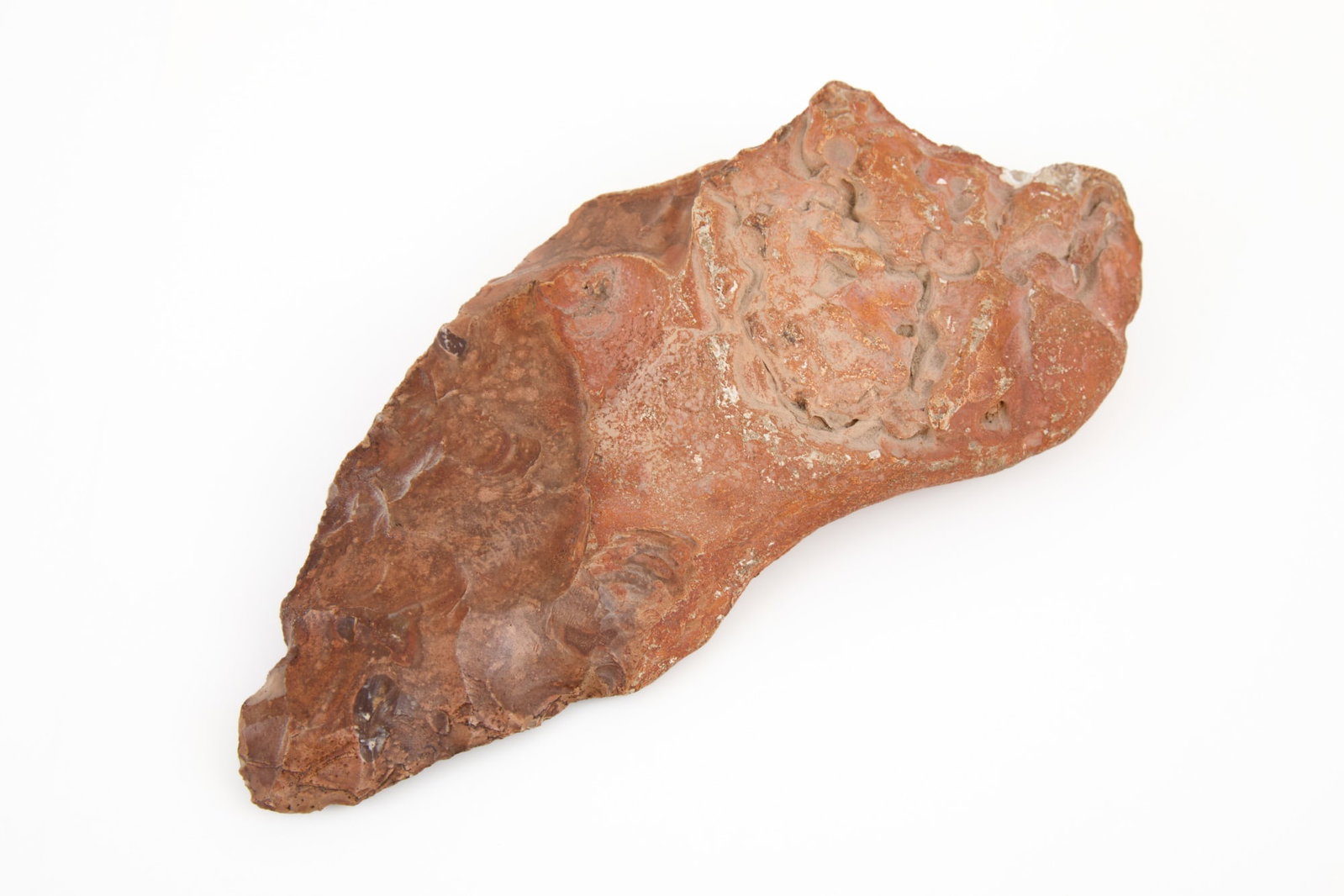 EARLY ACHEULEAN PALEOLITHIC STONE HAND AXE: Early Acheulean. Finely shaped with nice hand grip. Old inscription "H.G. Challco?". 7 inches.