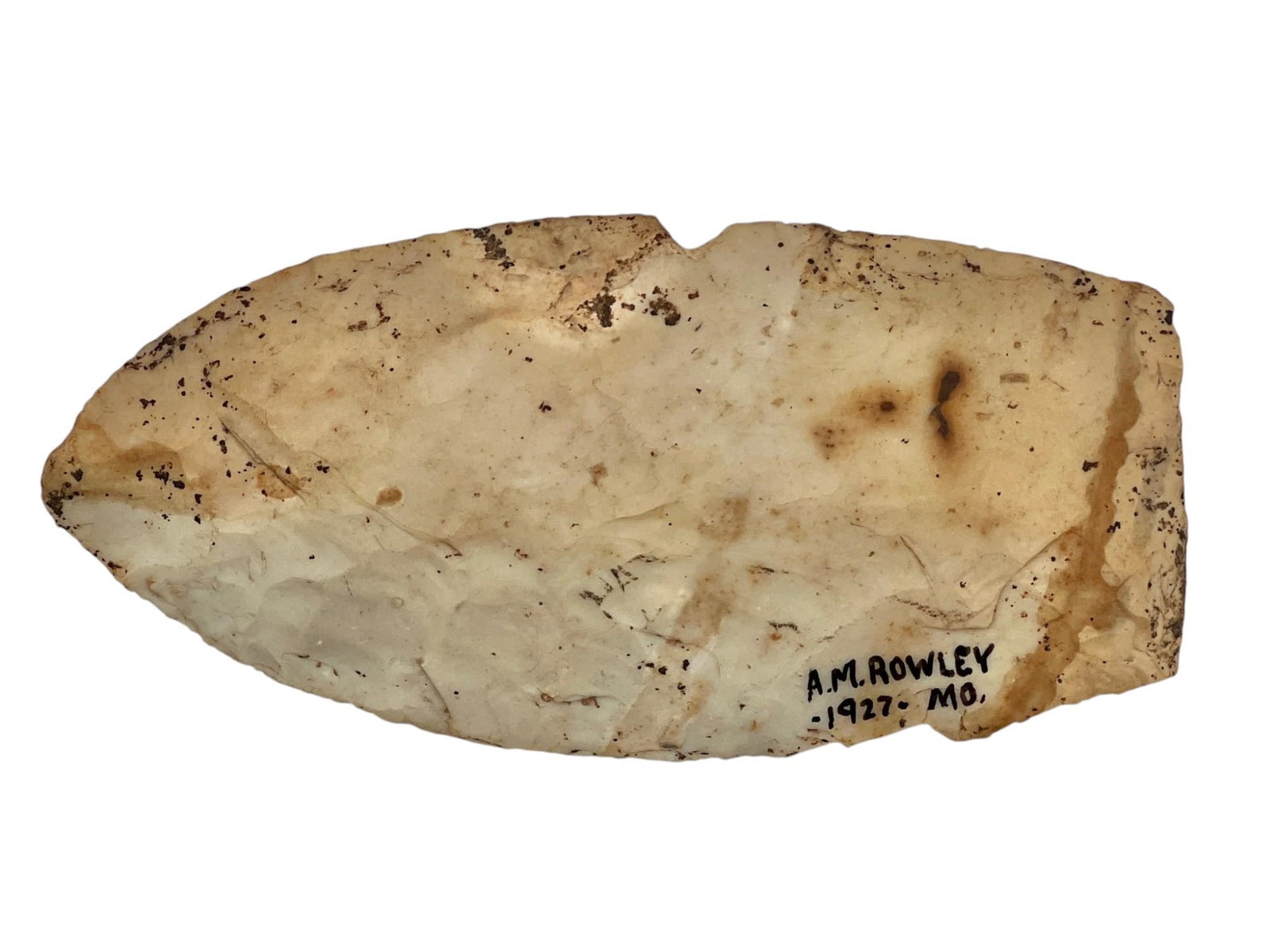 NATIVE AMERICAN STONE KNIFE EXCAVATED in MISSOURI: Inscribed "A.M. Rowley 1927 MO". 4 1/2 inches.
