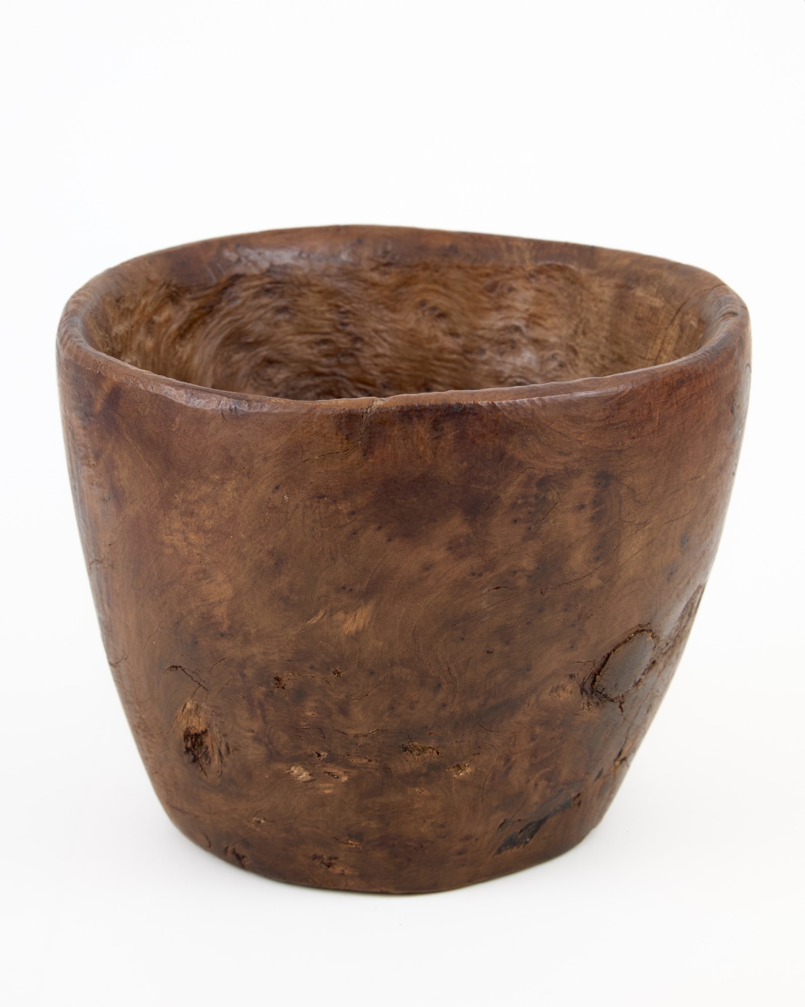 EASTERN WOODLANDS BURL BOWL: Hand hewn, great patina. Scorch mark to base. 5 1/4 x 6 1/4 inches.