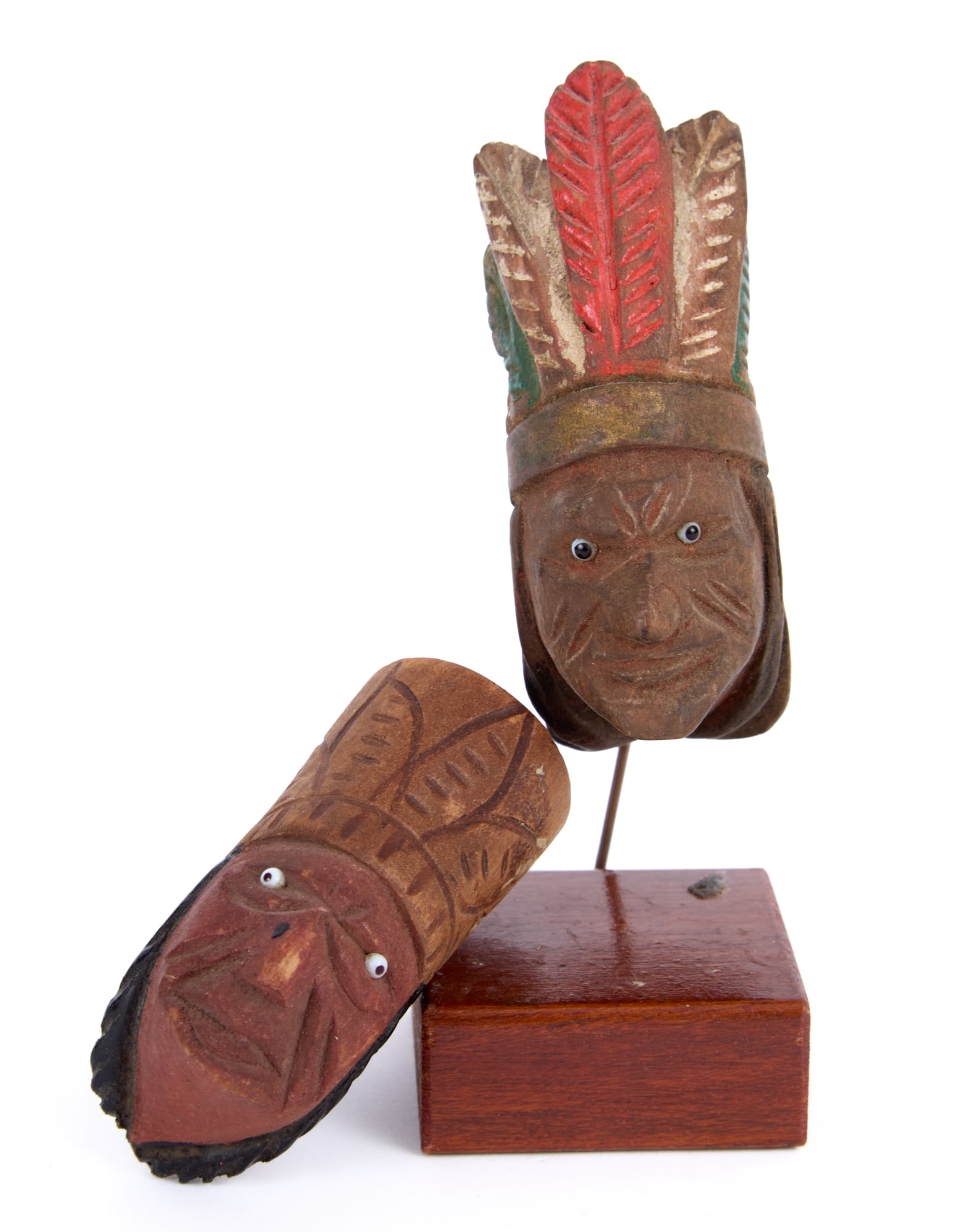 1901 PAN-AMERICAN EXPO CARVED & PAINTED PIPE BOWL: (2) figural carved & painted pipe bowls - (1) Mayan chief with feathered headdress & bead eyes 1901 Pan-American expo souvenir & (1) Native American chief with feathered headdress & bead eyes on custo