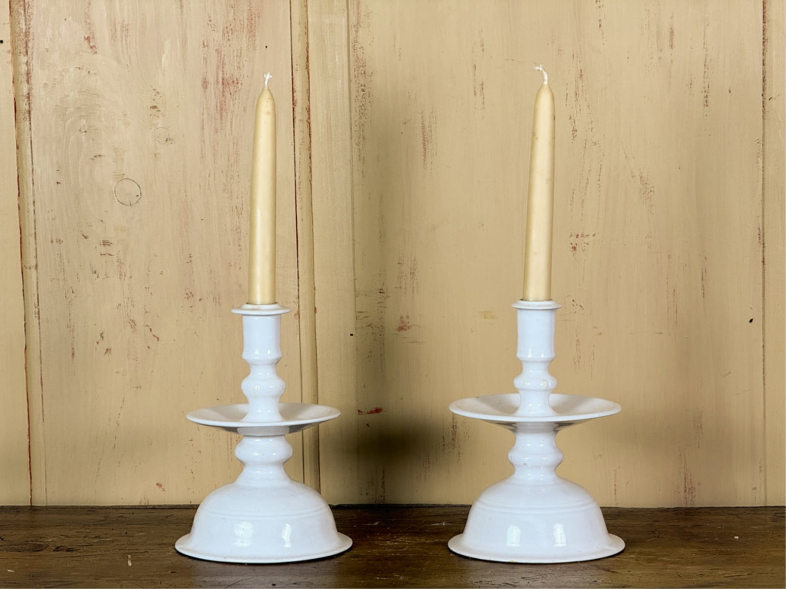 PAIR TIN GLAZED MID - DRIP CANDLESTICKS: Marked "ME" On underside. 17 1/2 inches.