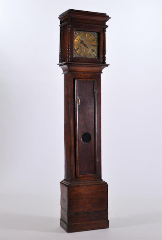 (18th c.) James Whittaker Tall Clock: English oak, long case clock with engraved brass dial. 81" h x 18 " w Condition: Good