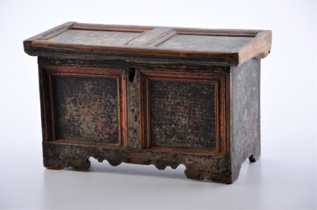 (18th c.) Pennsylvania Miniature Chest: Polychromed paneled chest with scrolled apron and interior till. Condition: Good, nice evenly-worn surface
