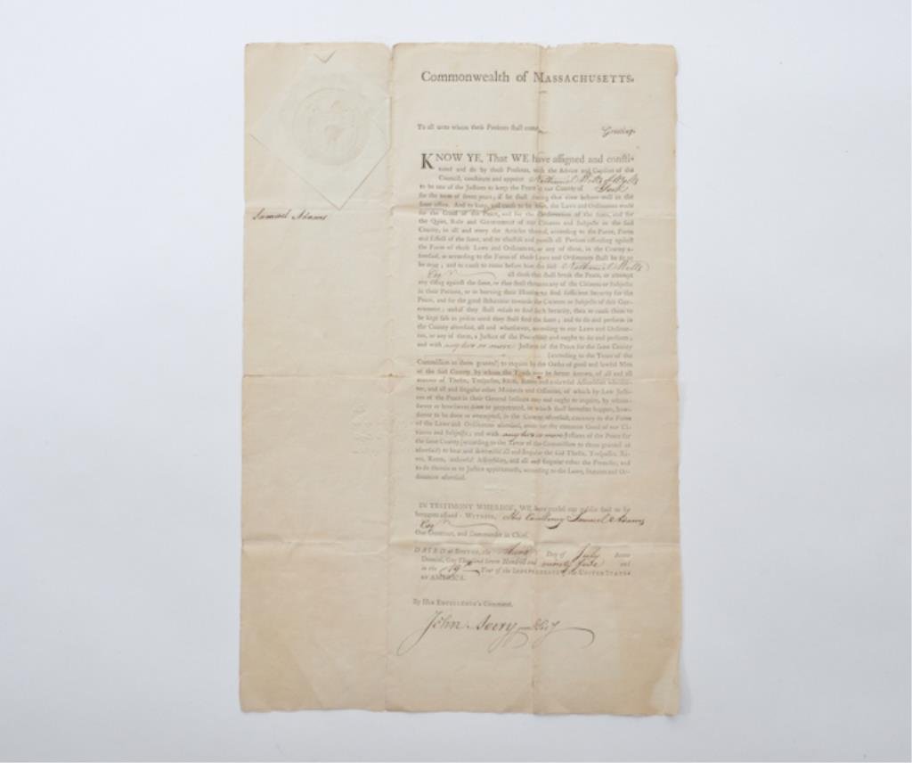 Gov. Samuel Adams Signed Document 1795: Commonwealth of Massachusetts appointing Nathaniel Wells of Wells, York County, Justice of the Peace. 17 1/4 x 11 1/4 inches. Condition: Minor separations at folds, toning