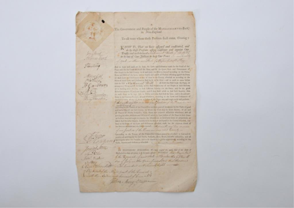 Massachusetts Council Document 1778: Government and People of the Massachusetts-Bay, in New-England, document appointing Nathaniel Wells of Wells Justice of the Peace. (Signatures include Patriots Cushing, White, Ward, Gill, White, Danie