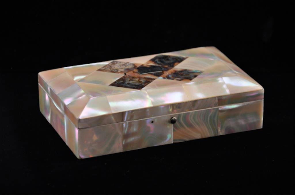 (19th c.) Inlaid Sewing Box: Exceptional mother-of-pearl and abalone inlaid box, fitted interior with tools. Thimble hallmarked. 1 5/8 x 5 5/8 x 3 7/16 inches. Condition: Good. One tool dented and bent.