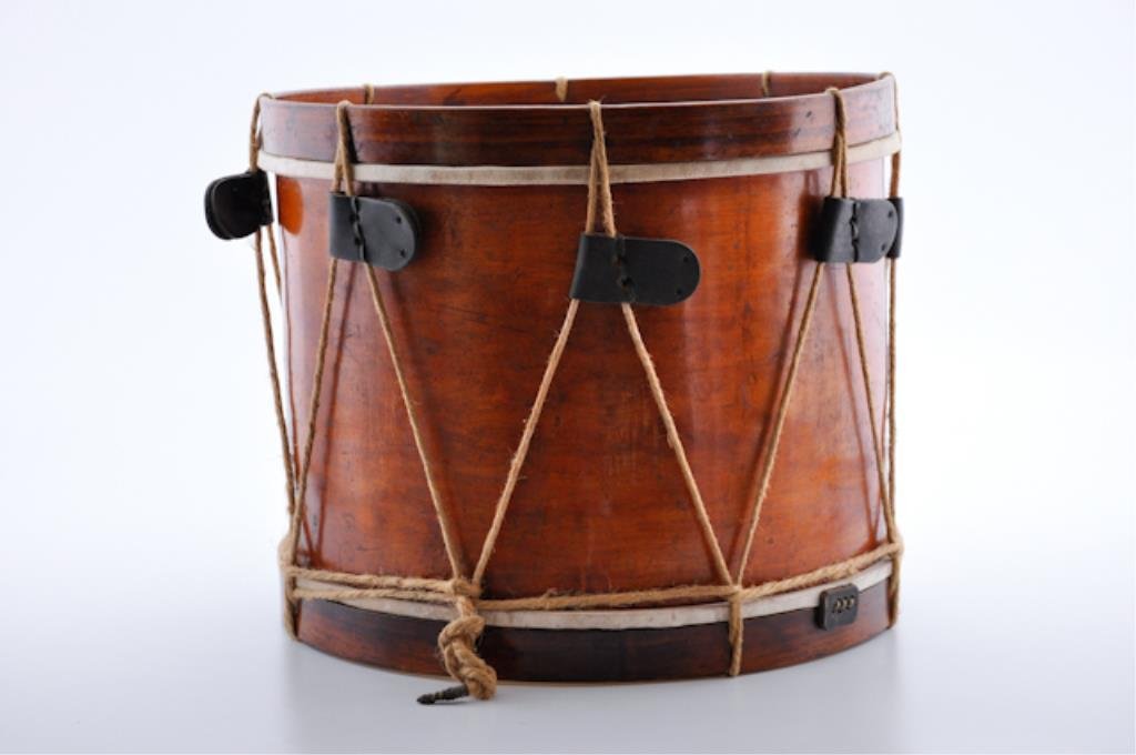 Civil War Era White Brothers Drum: Identified on paper label inside drum, visible through vent hole: MADE BY / White Brothers, / 86 TREMONT STREET, BOSTON.14" x 16-1/4". and also signed J.W. Hobson Concord Mass 1864. Eight leather tugs