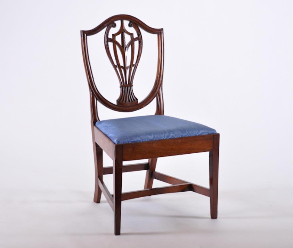 Hepplewhite Shield-back Dining Chair: Molded shield with pierced rosette and wheat-carved splat, blue upholstered slip seat. 37 x 21 1/2 16 1/2 inches Condition: Split mortise joint at top of front left leg,