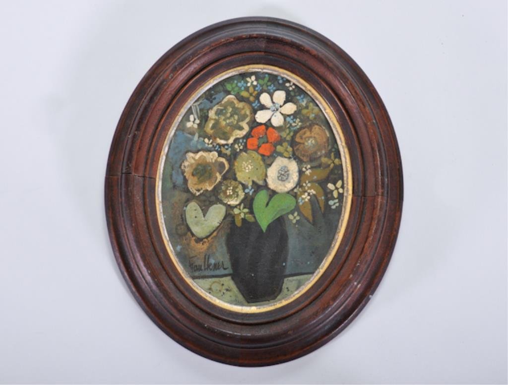 Henry Faulkner (1924-1981): Pair of "Floral Still Life" oil on masonite. 9 1/2 x 7 1/2 inches (each). signed. framed Condition: Good