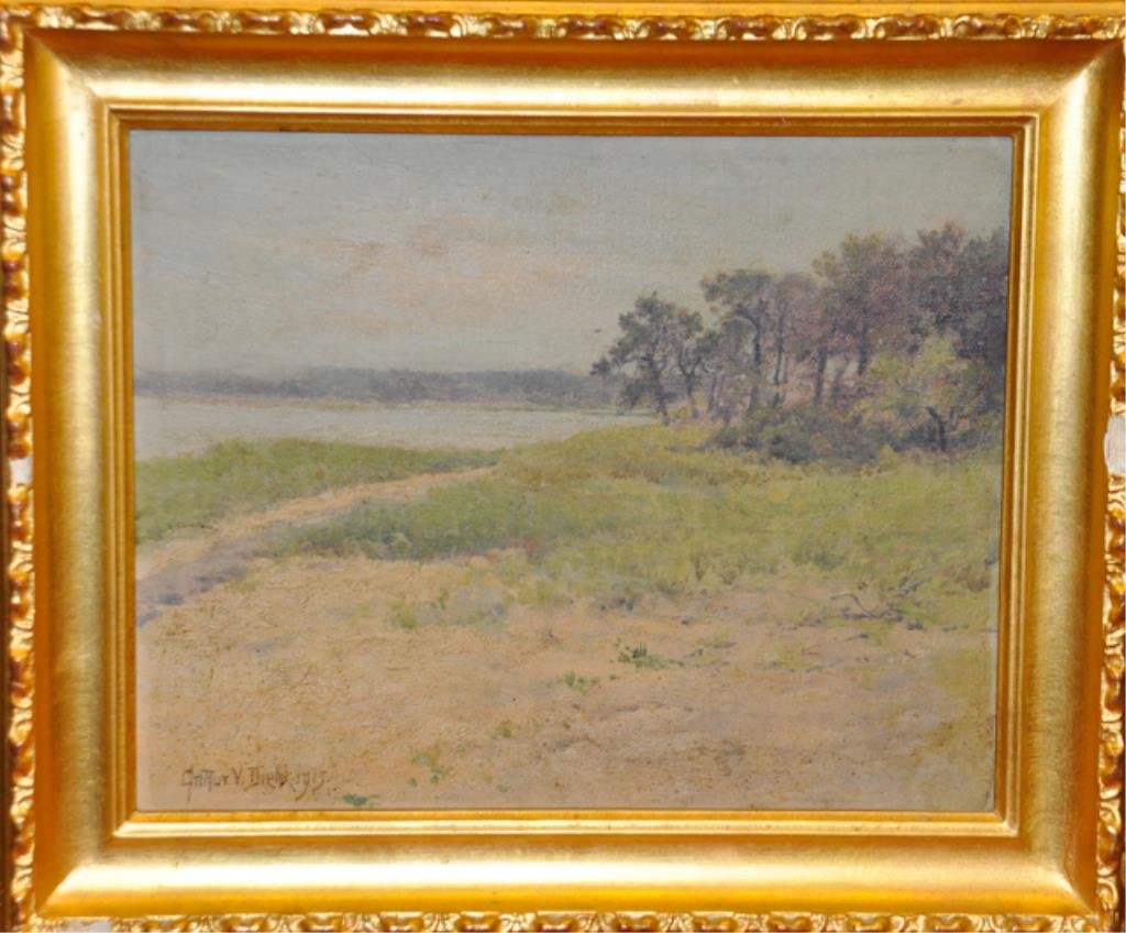 Arthur V. Diehl (1870-1929): "Coastal Landscape" (probably Cape Cod) oil on canvas board. signed and dated 1915. 8 x 10 inches. Condition: surface grime