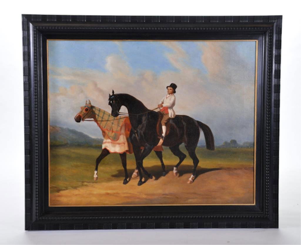 British School (19th c.): "Escort to the Track" oil on canvas 29 x 36 inches. unsigned. framed Condition: Good