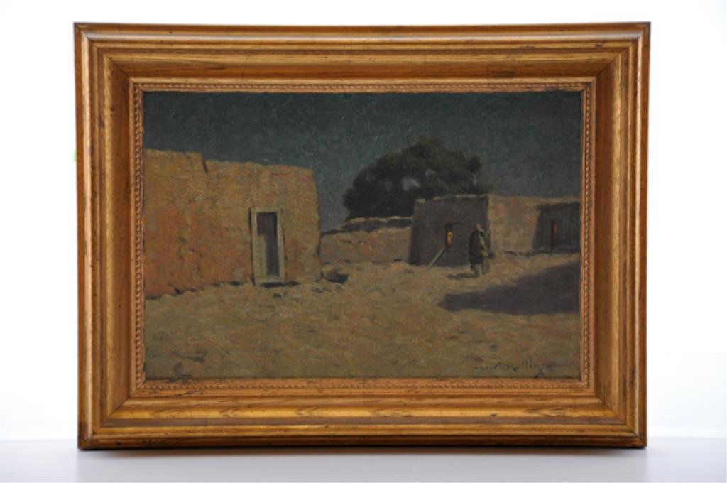 Warren E. Rollins (1861-1962): "Street by moonlight (New Mexico)" oil on canvasboard 9 x 13 3/4 inches. signed. framed Good, surface grime