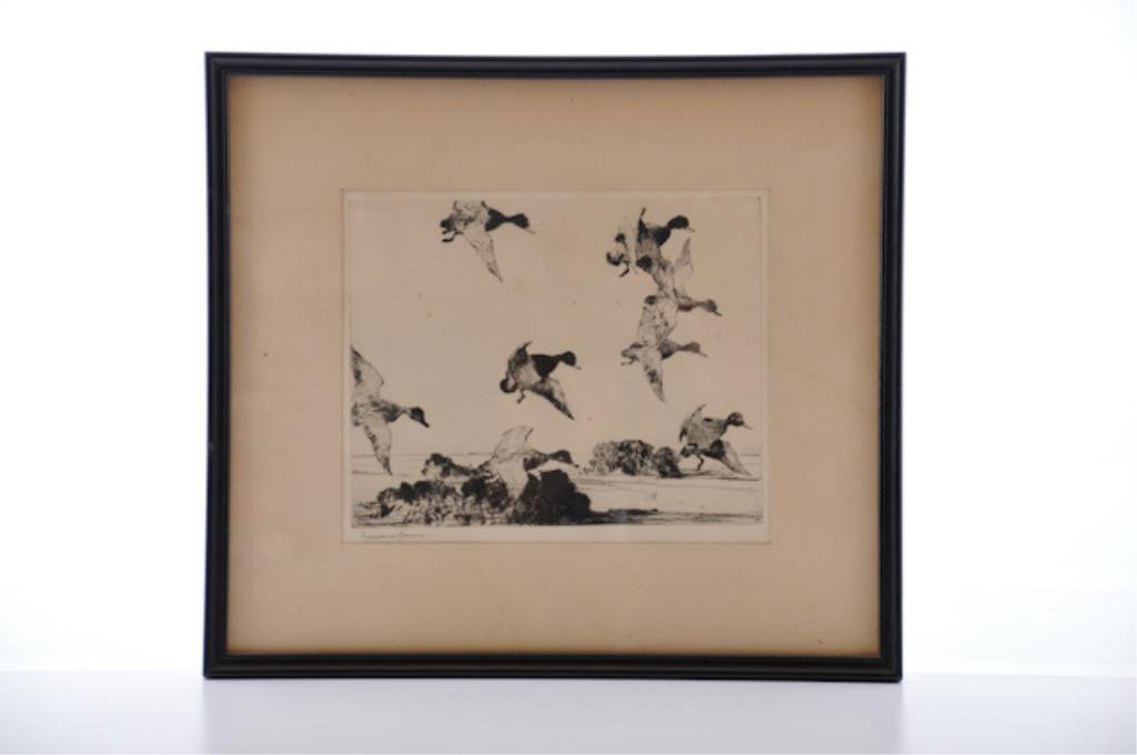 Frank Benson (1862-1951): "Ducks over Marshes" etching 8 x 10 inches. signed. framed. Condition: Foxing