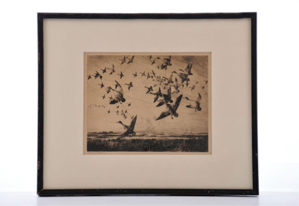 Frank Benson (1862-1951): "Ducks Over Marshes" etching. 8 x 10 inches. signed. framed. Condition: Toning