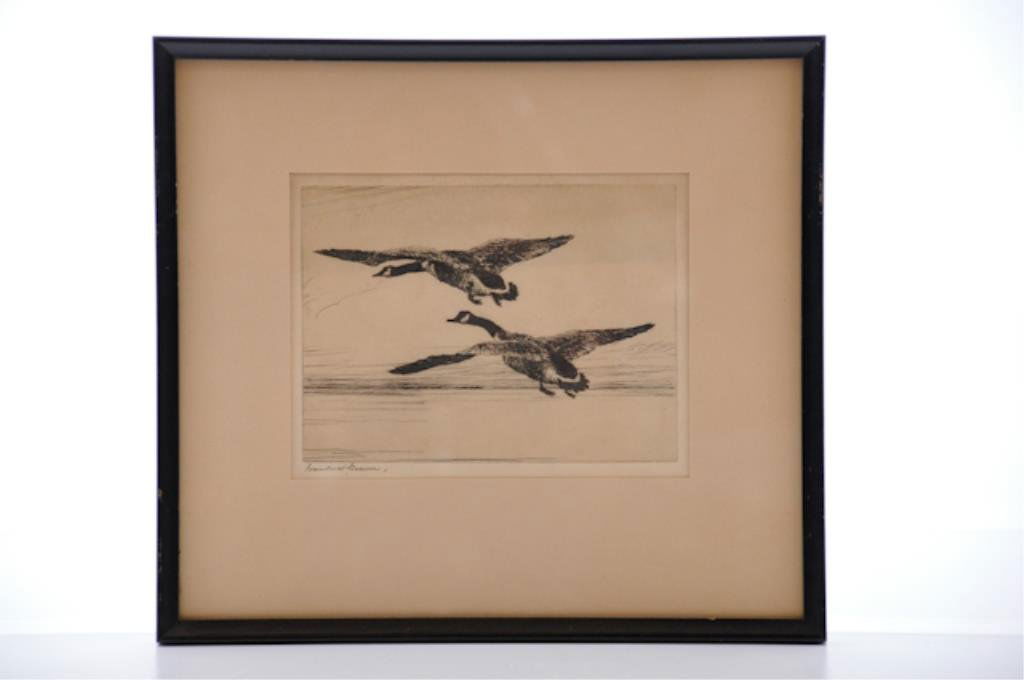 Frank Benson (1862-1951): "Two Black Geese" etching, 6 x 8 inches. signed. framed. Condition: Good, minor toning