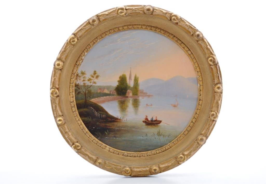 Attr. Joseph Henry Hidley (1830-1872): "Boating Party" oil on canvas board. 11 inches diameter. unsigned. framed Condition: Craquelure