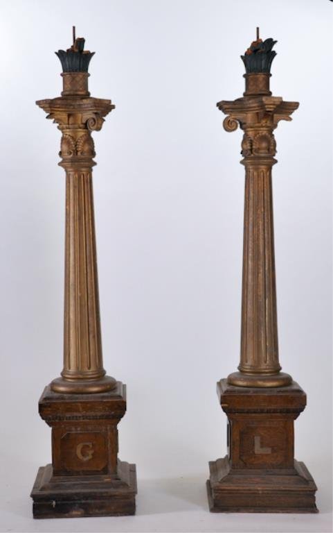 (late 19th c.) Painted Columns: Masonic columns "Boaz and Jachin". 7 foot (height) 18 3/8 inch base Condition: Old break