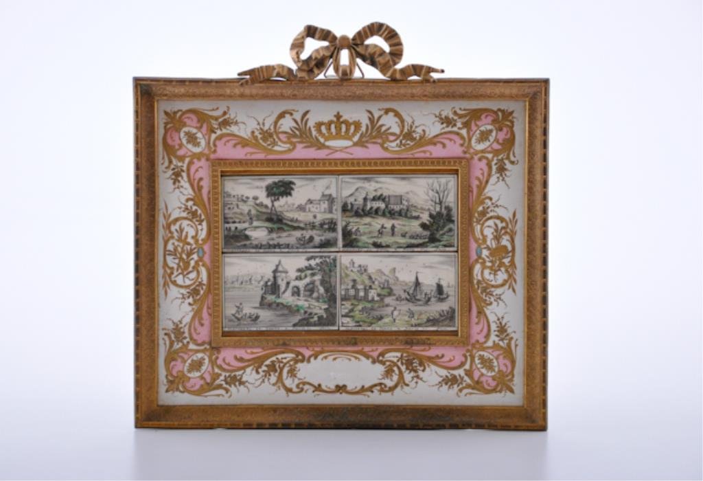 French Porcelain Ormolu Frame: Set with four etched ivory scenic plaques of the French countryside. signed. 8 x 9 inches Condition: Good