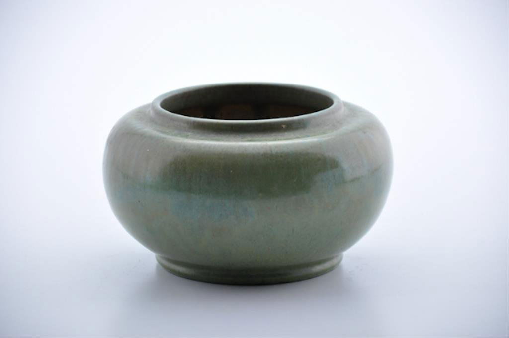 W.J. Walley Pottery Bowl: Green and Yellow glazed redware. signed W.J.W. 4 x 7 inches. Condition: Good