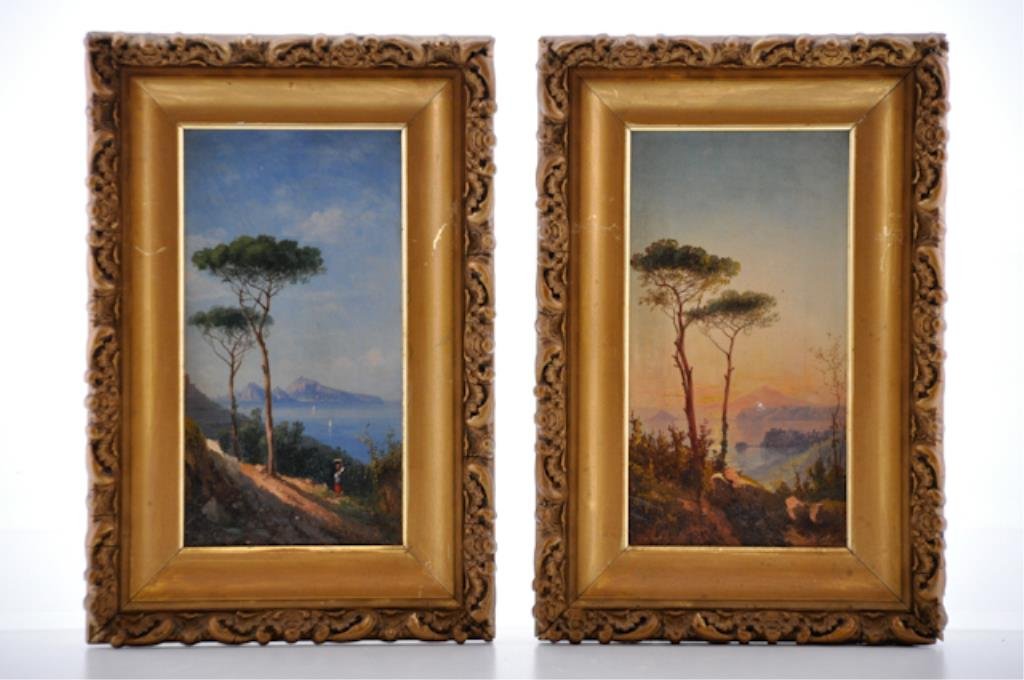 (19th c.) Italian School: Pair of Italian Landscapes (possible Naples) oil on canvas 7 1/2 x 4 inches signed Solmi? lower right (each). framed. Condition: Small puncture lower center of landscape with sunset