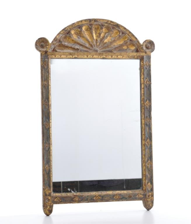 Hall Mirror: Continental Carved and Gilt Hall Mirror with fan carved crest. 29"h x 18"w Condition: Nice old patina, replaced glass
