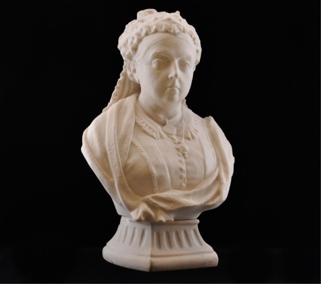 Copeland Parisian Bust of Queen Victoria: White bisque bust of Queen Victoria. Marked on back incised "Victoria, Copeland, at over 97" and sculpted by Owen Hale 1887. 13 1/2 inches (height) Condition: Chips to back edge of plinth