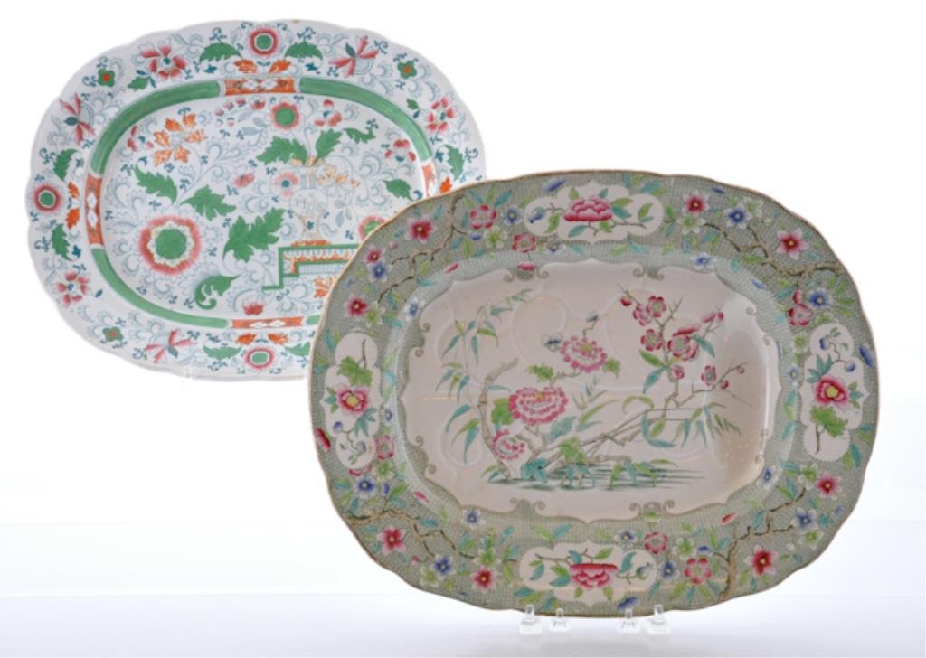 Two Ironstone Platters: (1) "Indian Curl" well and tree meat platter and (1) "Stone China" with overall floral pattern. 18 1/2 x 14 3/4 inches and 16 x 13 1/2 inches Condition: Wear to paint