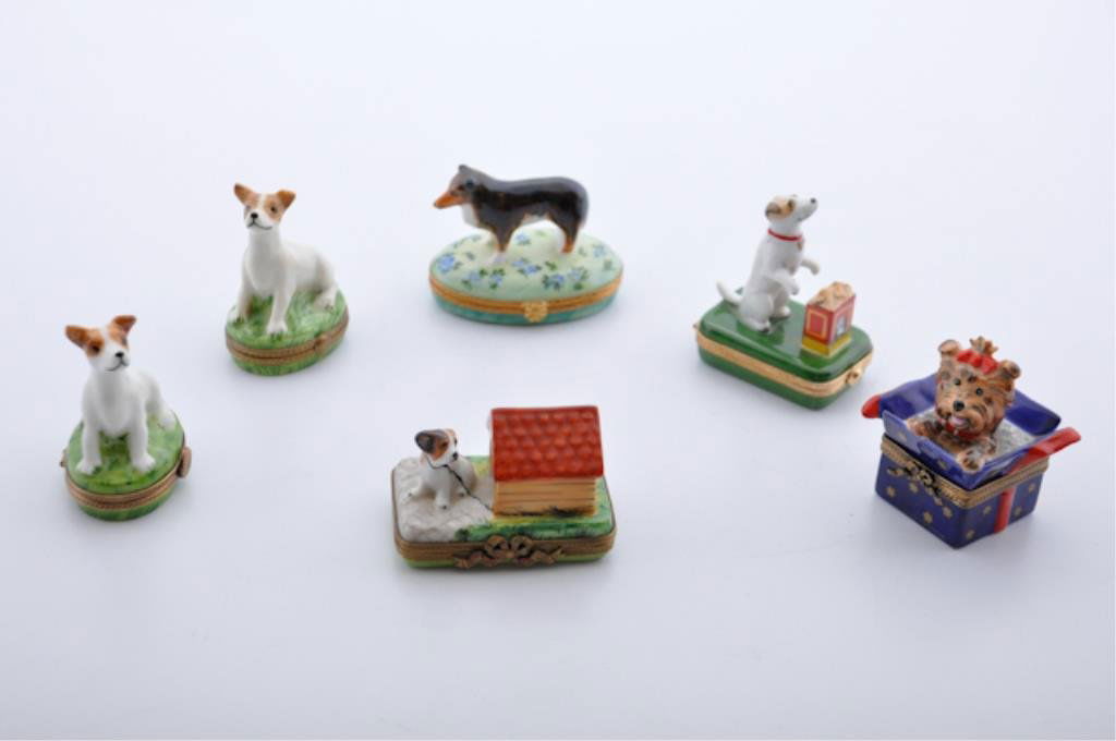 Collection of Limoge Boxes: (6) Brass-hinged porcelain boxes with whimsical canine themes. 2 x 3 inches (and smaller) Condition: Good