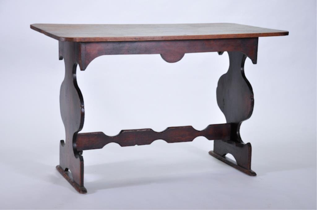 (19th c.) NE Country Trestle Table: Primitive table with scrub top. Nice old patina finish. 30 x 47 1/2 x 25. Condition: Good