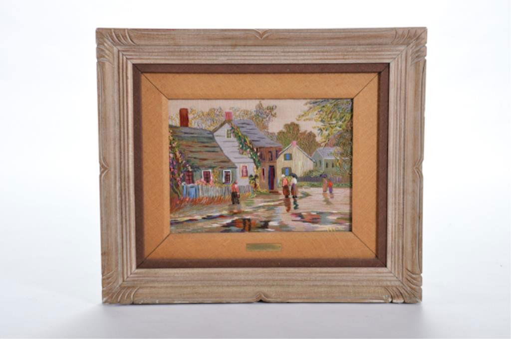 (20th c.) "Needle Painting": "Rainy Day" needlework 12 x 16 inches. signed Anne-Marie Matte Desrosiers. framed Condition: Good, minor staining