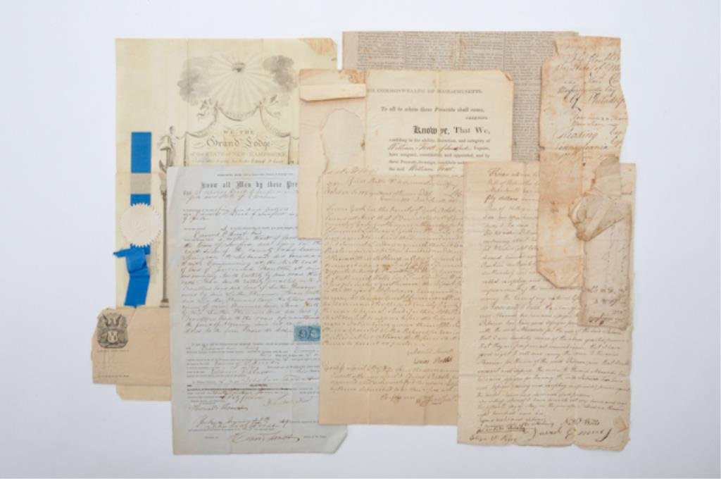 (18th/ 19th c.) Ephemera Lot: Lot of ephemera from the Frost/ Wells families of Maine including Masonic certificate, receipts and a (18th c.) newspaper Condition: Tears, folds toning etc.