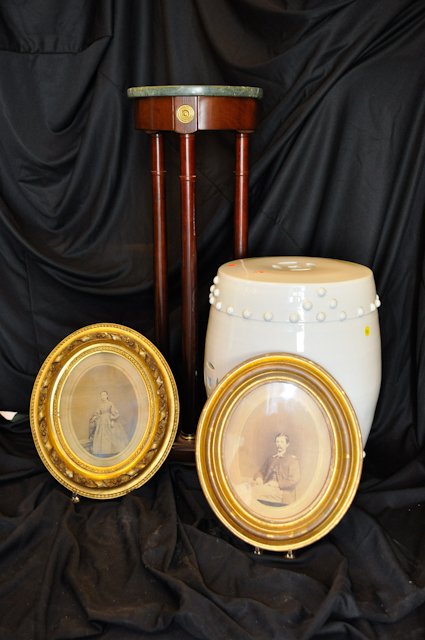 Misc. Group of Furnishings & Decorations: Including: (20th c.) white-glazed ceramic Chinese drum­-form garden seat, pair of oval framed Civil War period photographs and an Empire-style mahogany pedestal stand with green marble top.